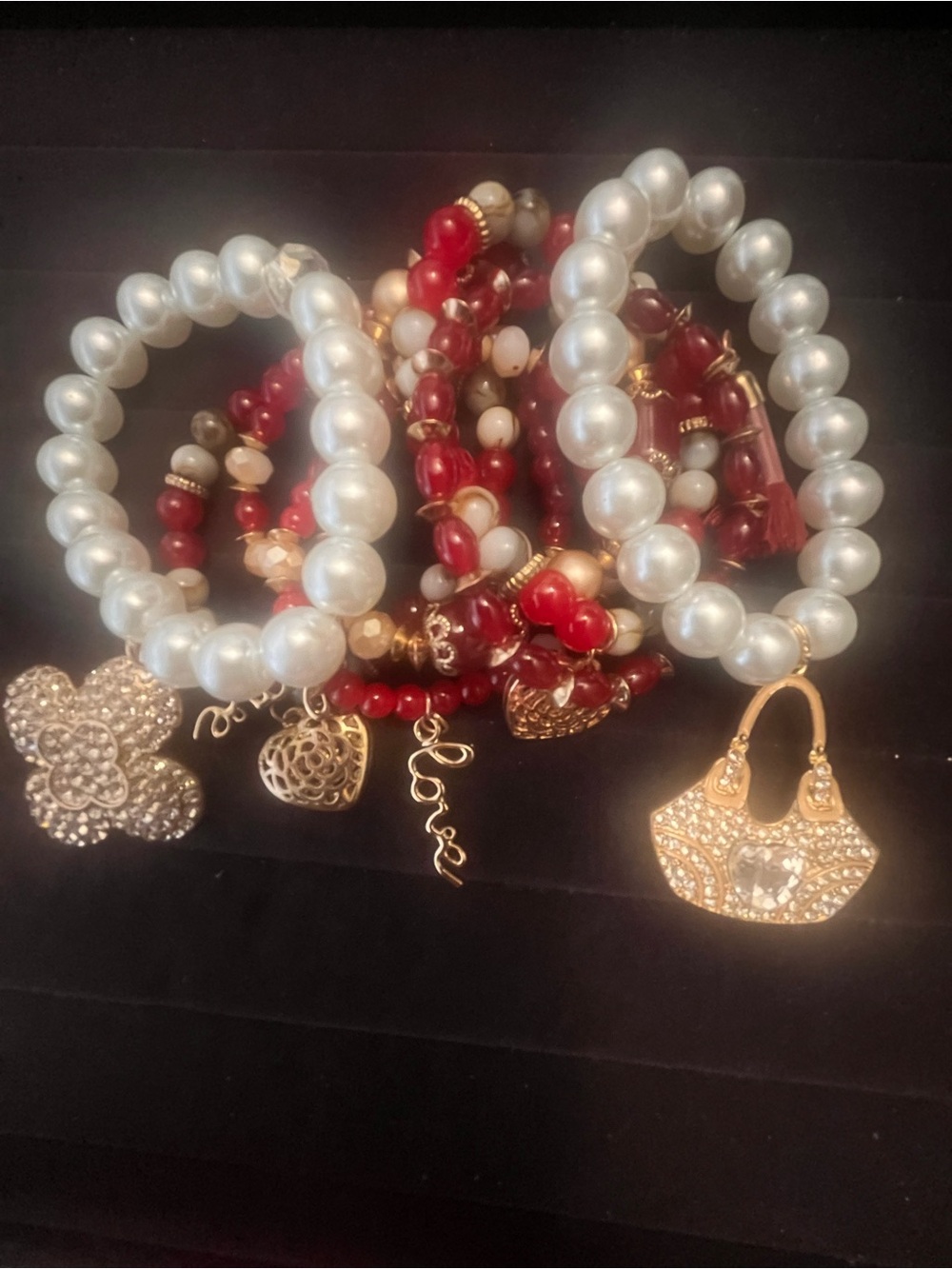 Gold Charm Pearl and Red Bead Stretch Bracelet Set